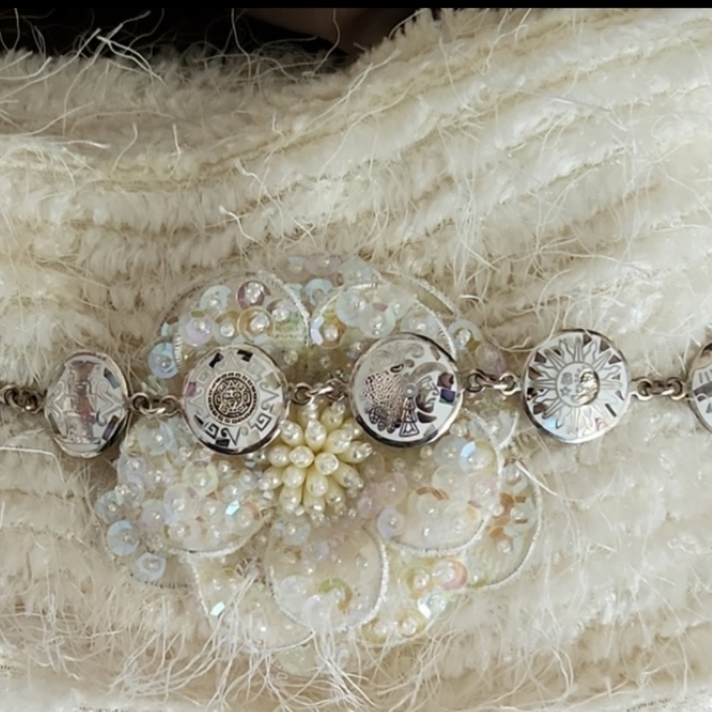 🌱 Native Bracelet-Mayan Symbols Abalone Inlay MEXICO Silver-Vintage